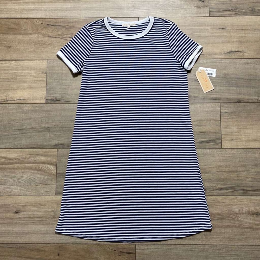 Copper Key Womens Short Sleeve Ribbed Shirt Dress Medium Blue White Striped